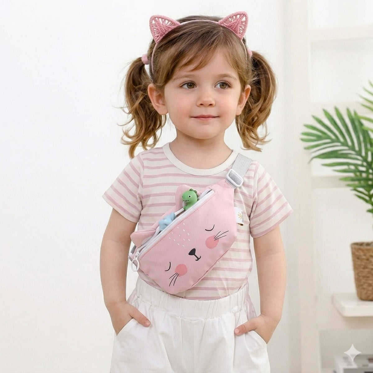Child wearing a pink fanny pack with cat design and cat ears headband.