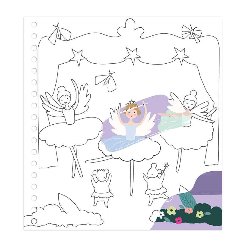 A oloring and activity page from the Floss & Rock Magic Multi Play Activity Book - Enchanted featuring dancing ballerinas, fairies, and cute forest animals.