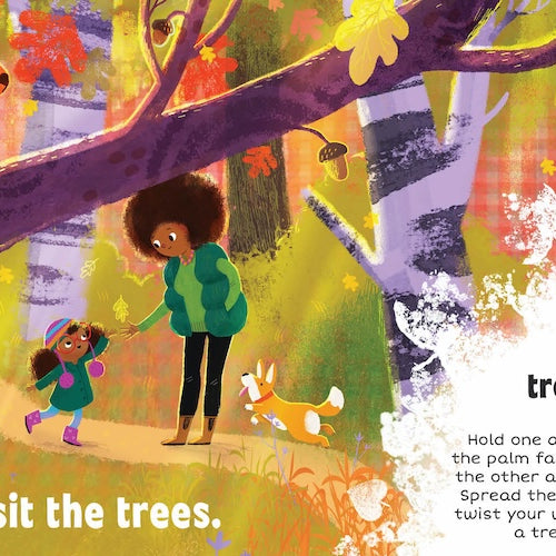 An open board book page from "Sign The Seasons: Fall" showing text that reads "Let's go visit the trees." above an illustration of a child walking among autumn trees with a large red squirrel looking down. On the right page, text labels "tree" above an inset illustration of a child demonstrating the American Sign Language sign for "tree," accompanied by instructional text detailing the hand movement.