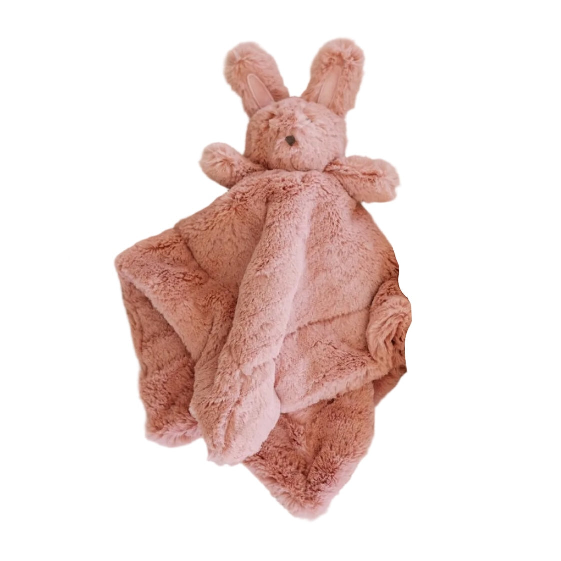 A soft plush bunny lovey blanket in a dusty rose pink color, featuring a stuffed bunny head with upright ears and a matching textured blanket body, shown against a plain white background.