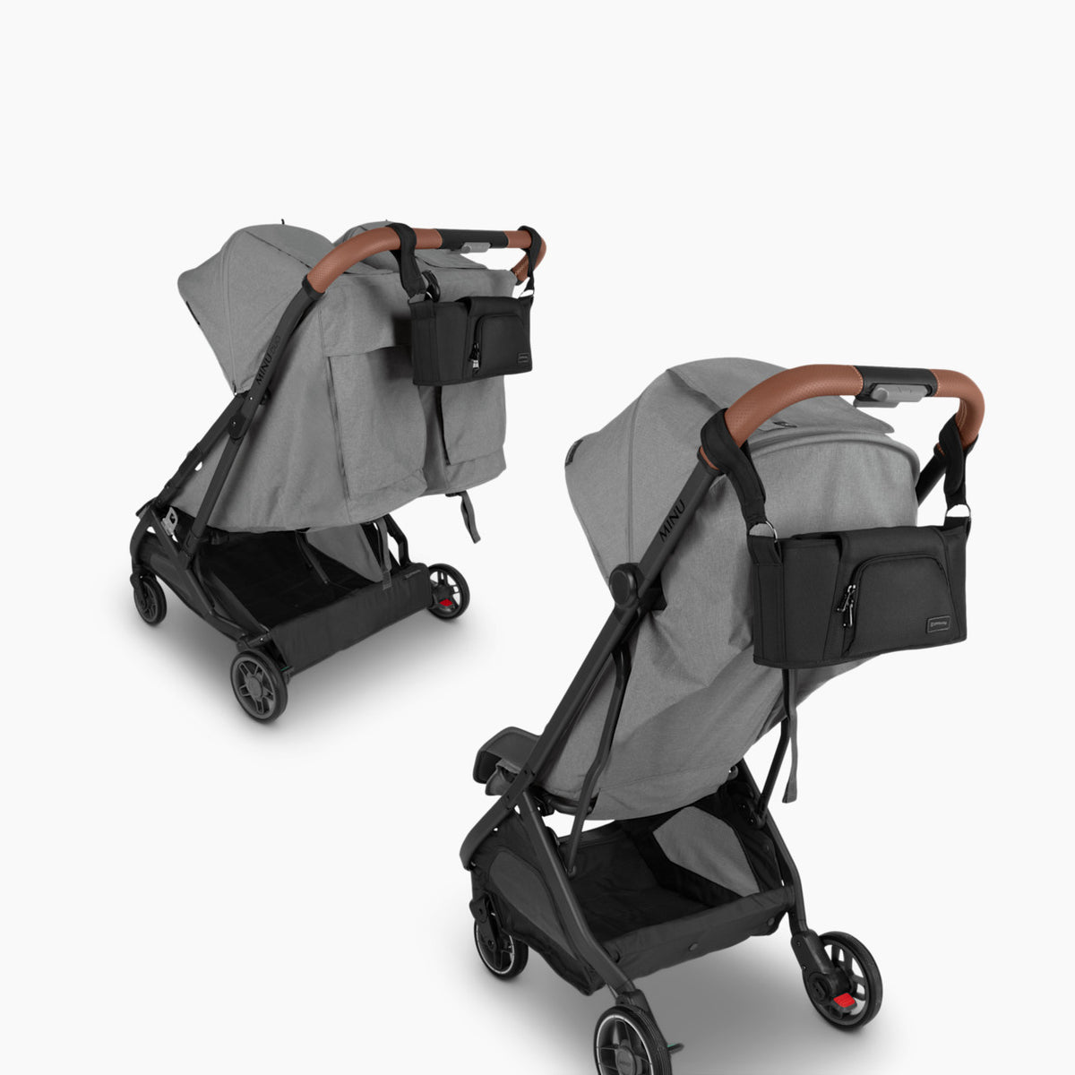 Gray stroller with a black bag on a white background