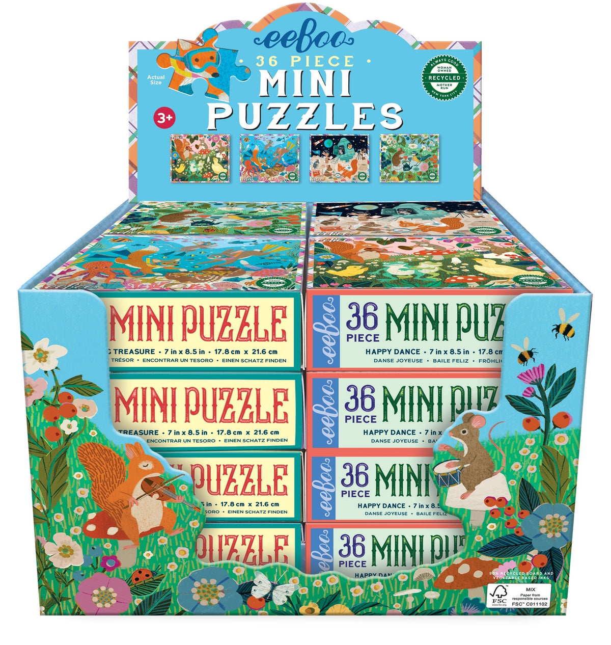 Display box of eeBoo 36-piece mini puzzles with colorful designs on a white background