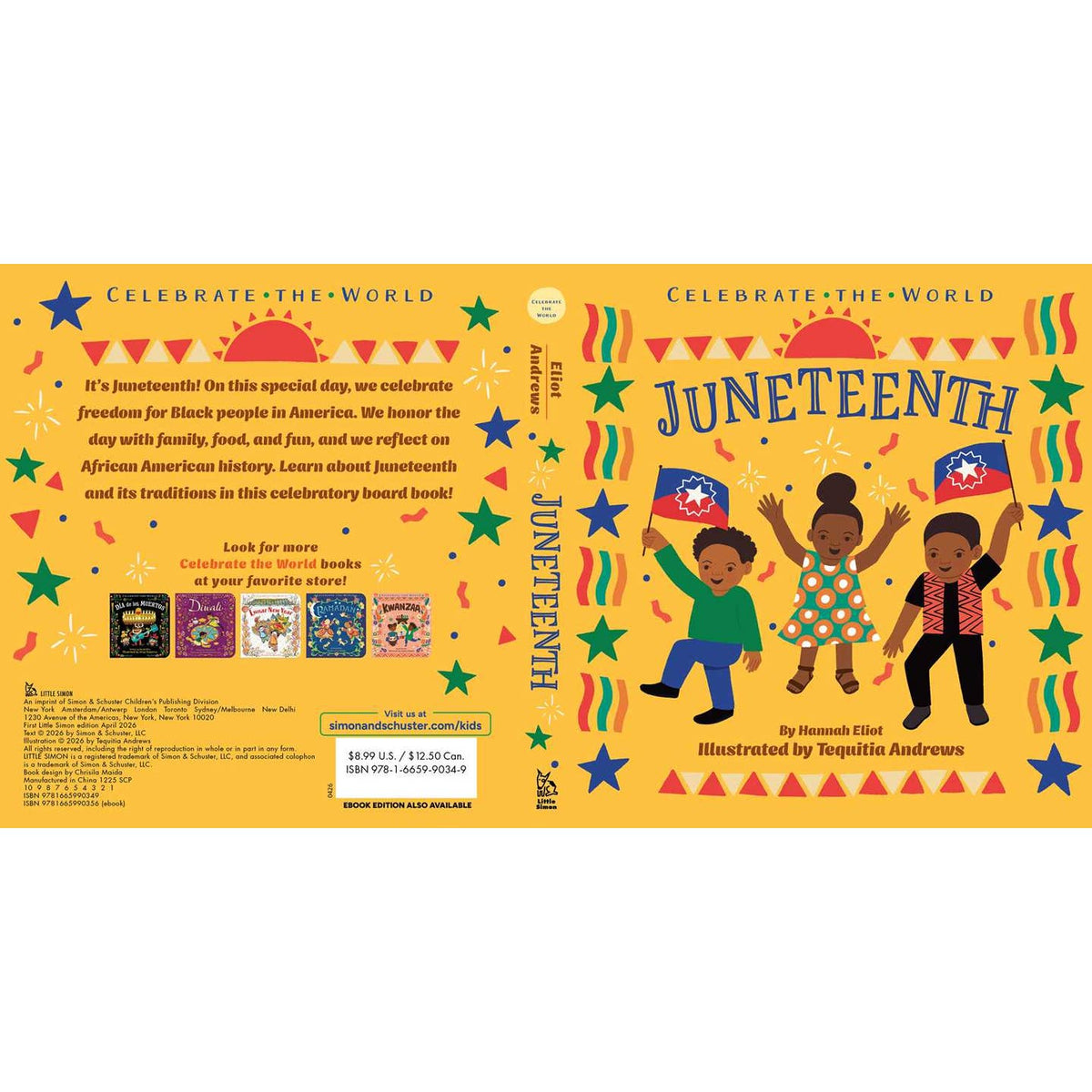 Book cover of 'Juneteenth' with children holding flags and colorful design elements.