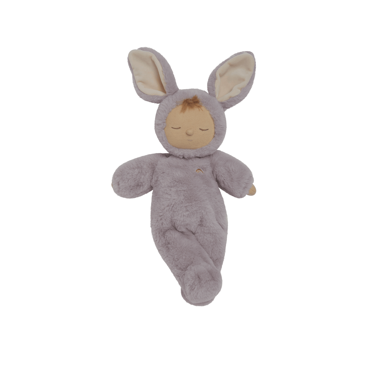Plush toy baby in a bunny costume on a black background