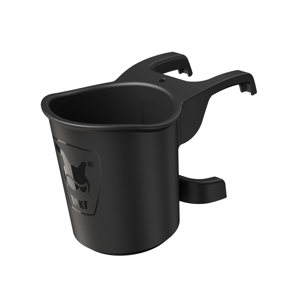 Black car cup holder with a logo on a white background