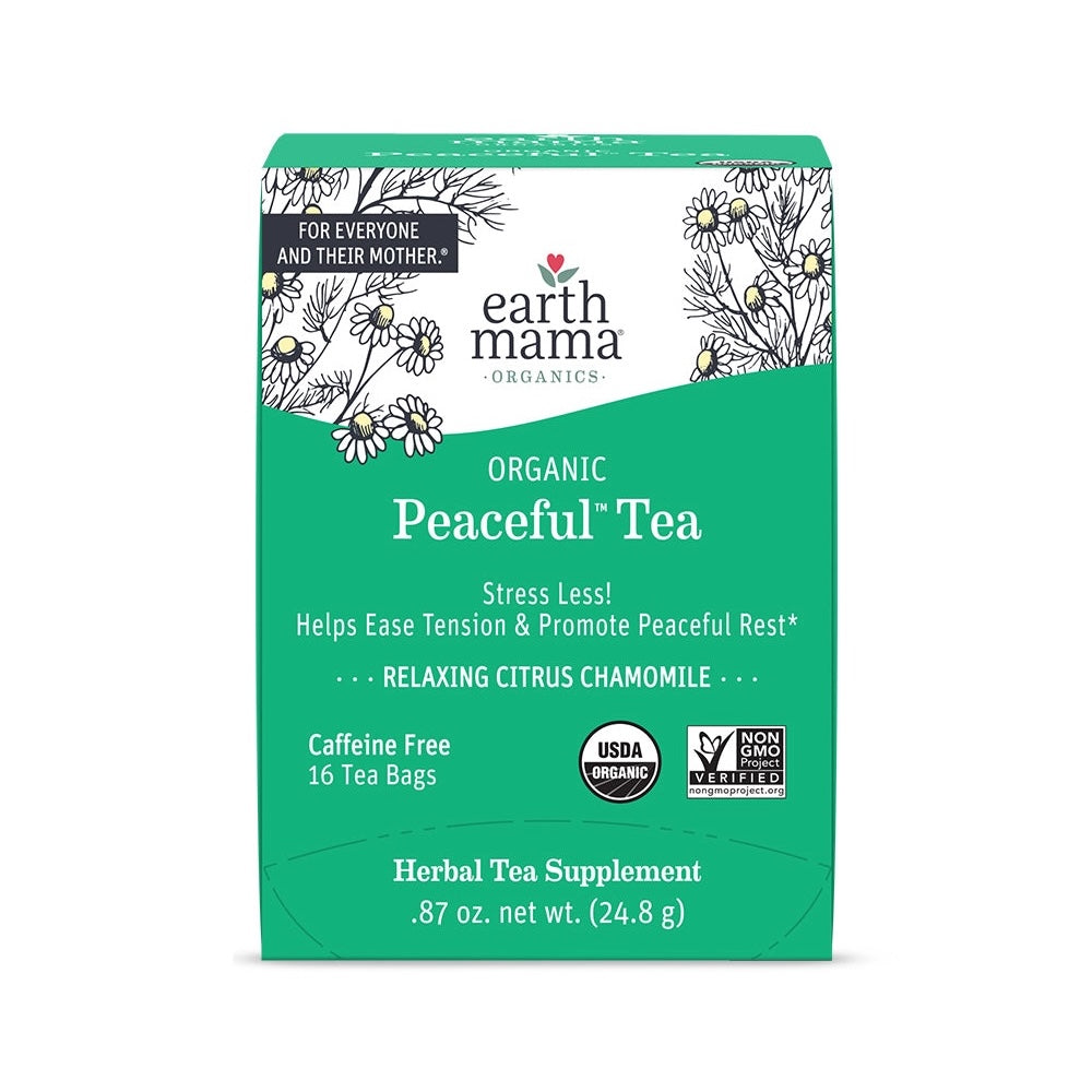 Box of earth mama organic Peaceful Tea on a white background