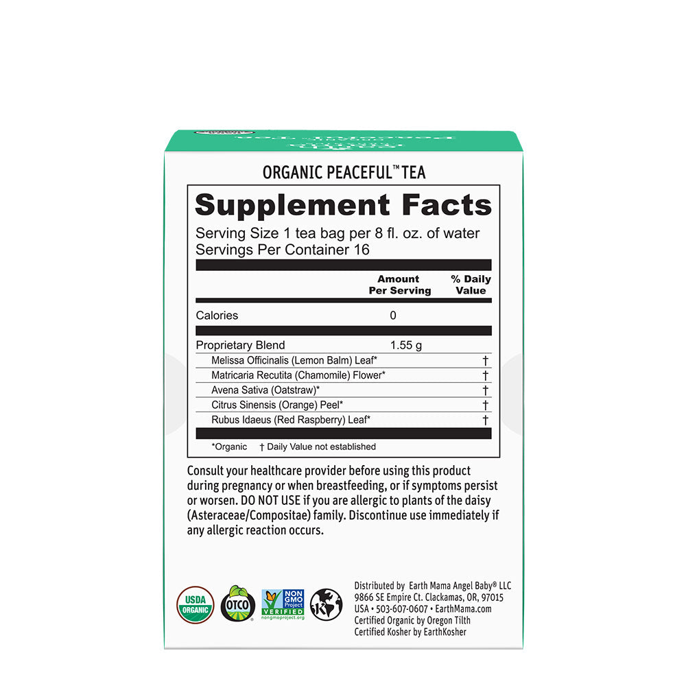 Supplement facts label for Organic Peaceful Tea on a white background