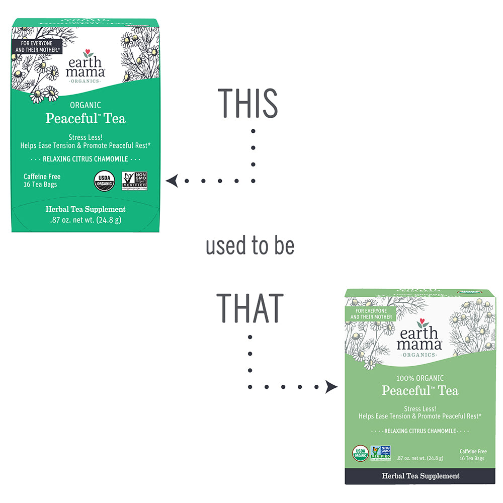 Comparison of earth mama Peaceful Tea packaging design changes on a white background