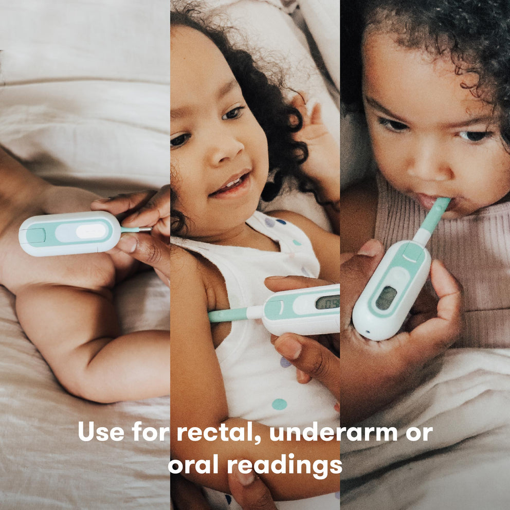 Collage of a digital thermometer being used on different parts of a child's body with text indicating use for rectal, underarm, or oral readings.