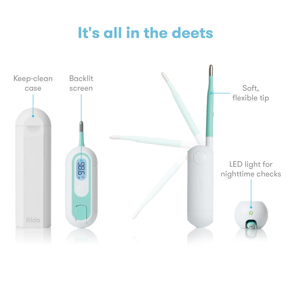 Friso digital thermometer with features highlighted on a white background
