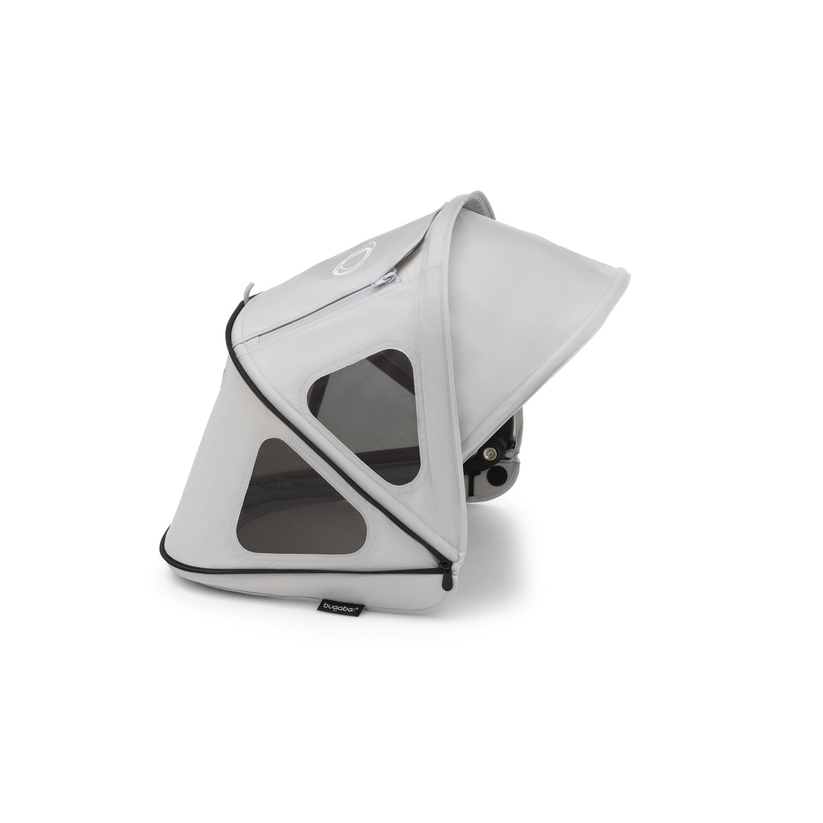 A light gray stroller canopy with dark gray mesh windows and black trim, shown on a clean white background.