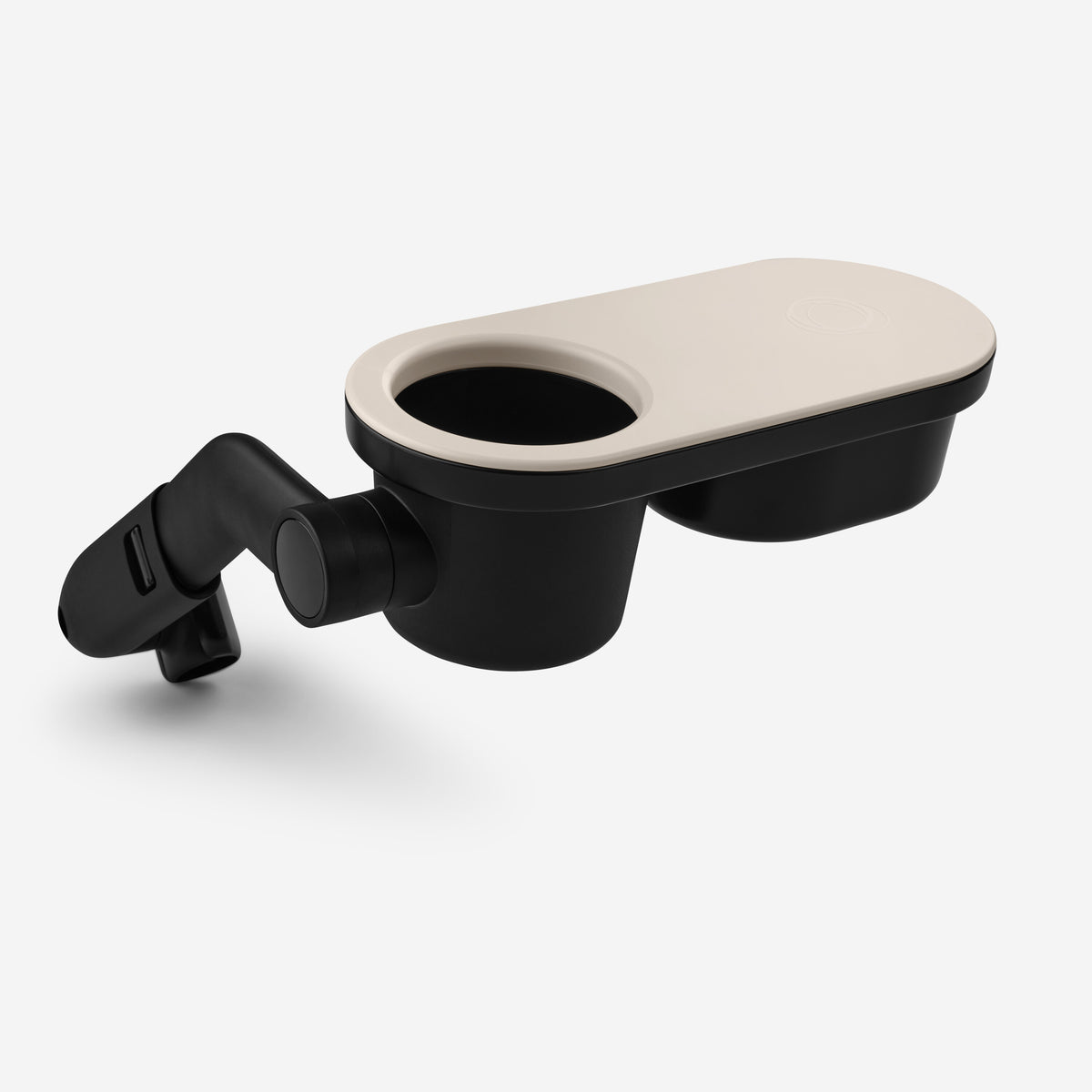 Black and beige cup holder with armrest on a white background