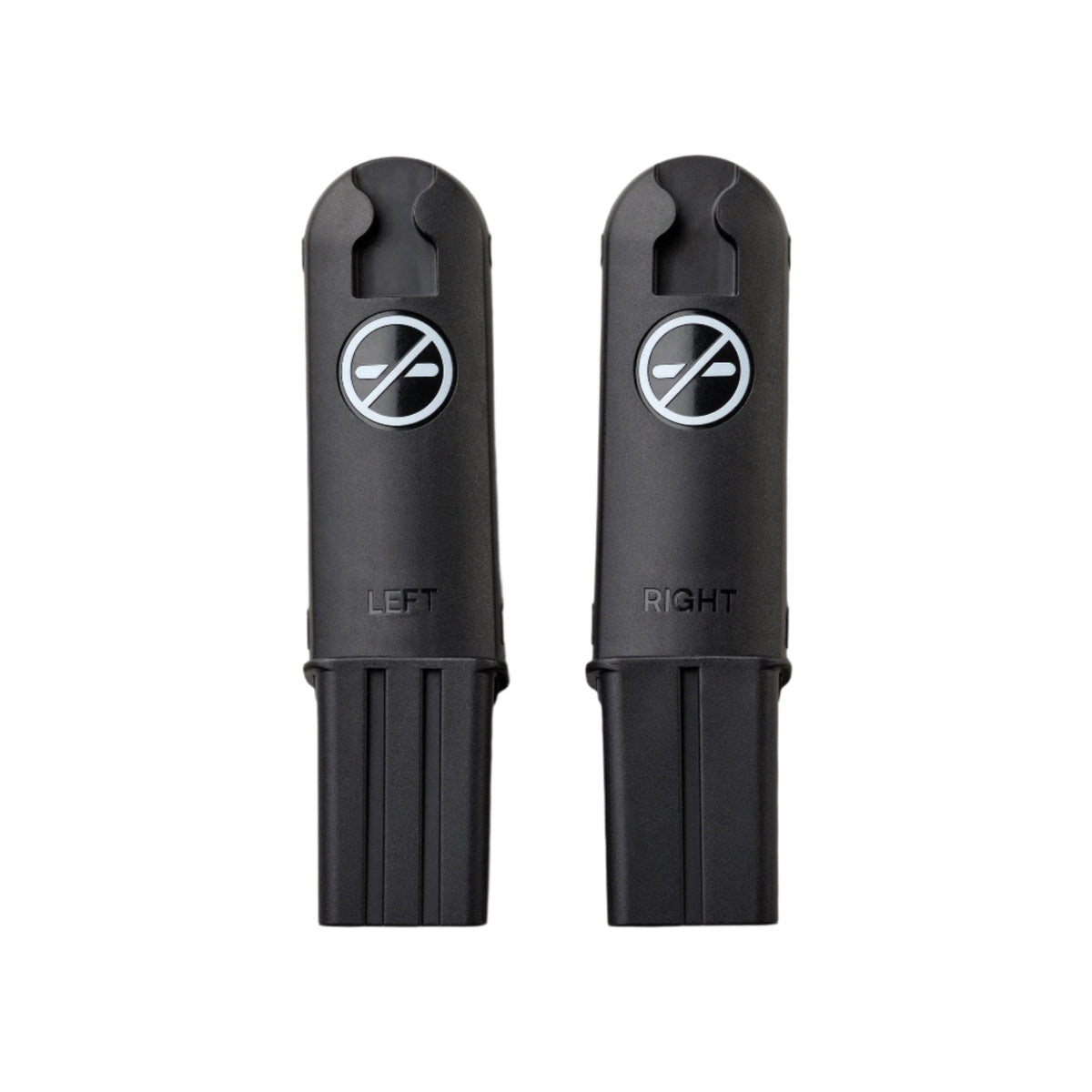 Two black shoe covers labeled 'LEFT' and 'RIGHT' on a white background