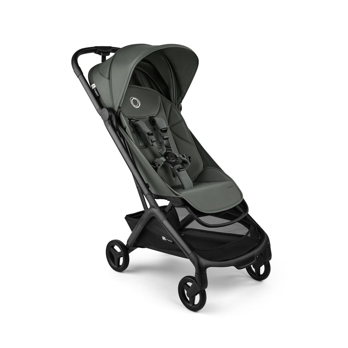 Gray and black stroller on a white background