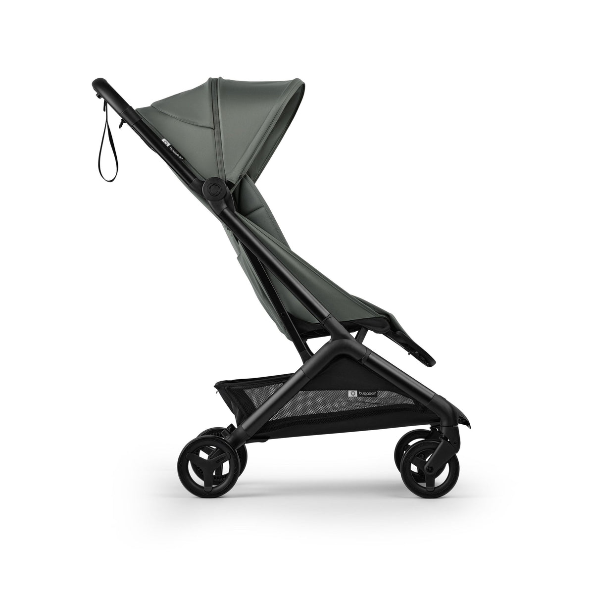Black stroller with a gray canopy on a white background