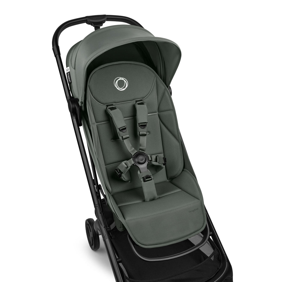 Green baby stroller seat with black frame on a white background
