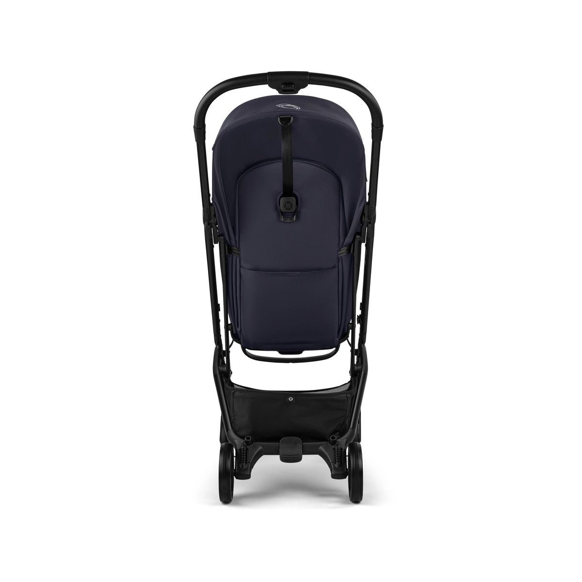 Navy blue stroller with black frame on a white background