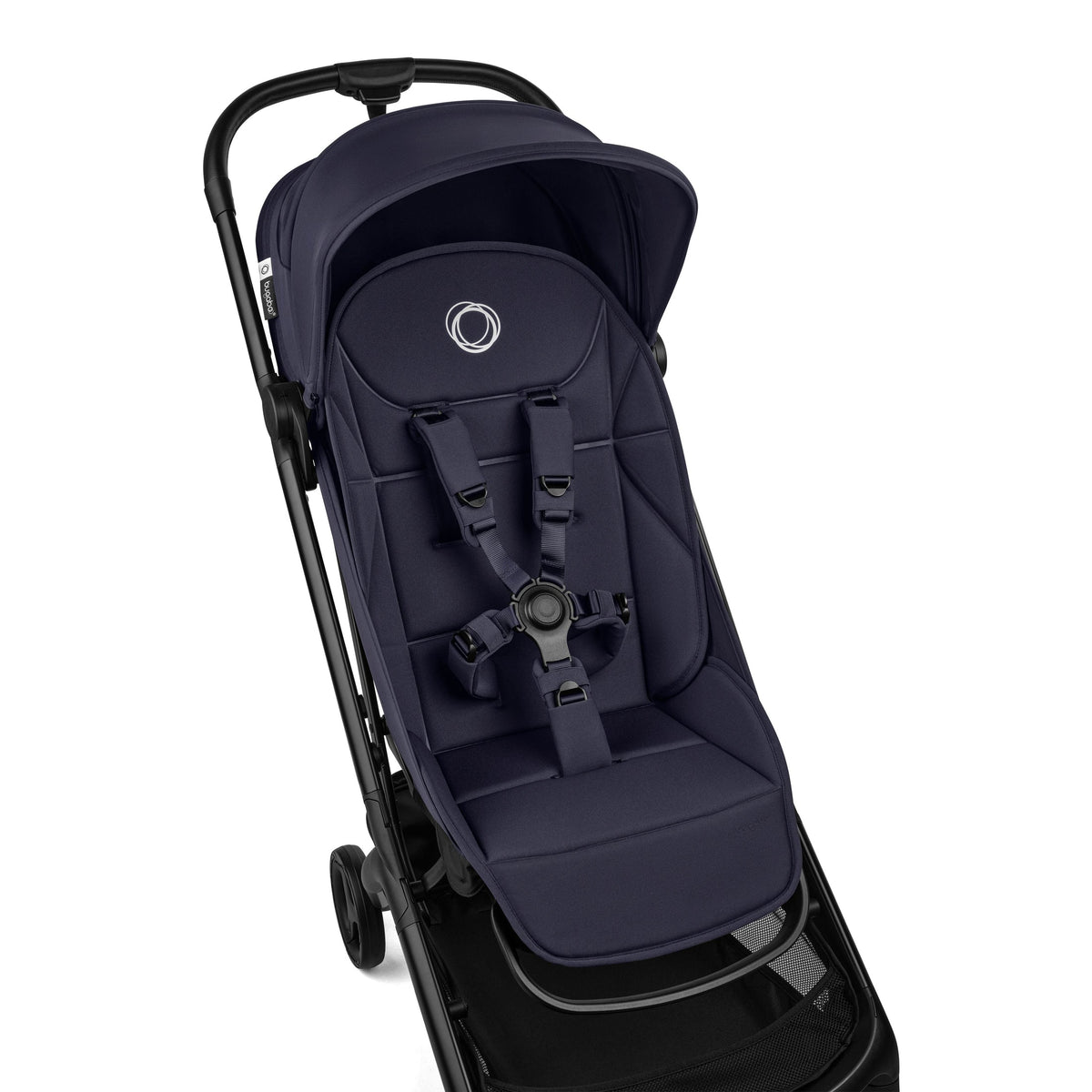 Navy blue stroller on a white background