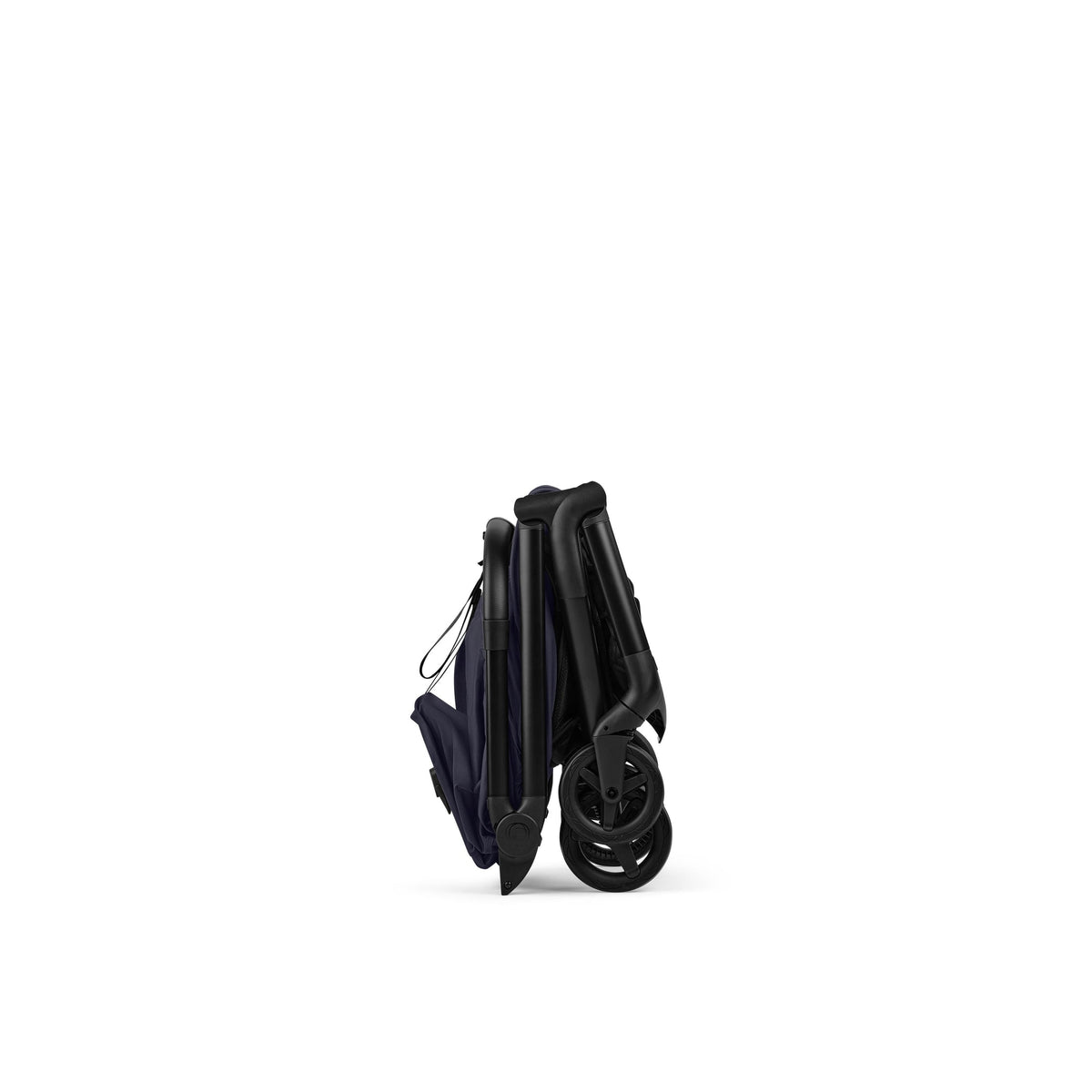 Black stroller folded and placed on a white background