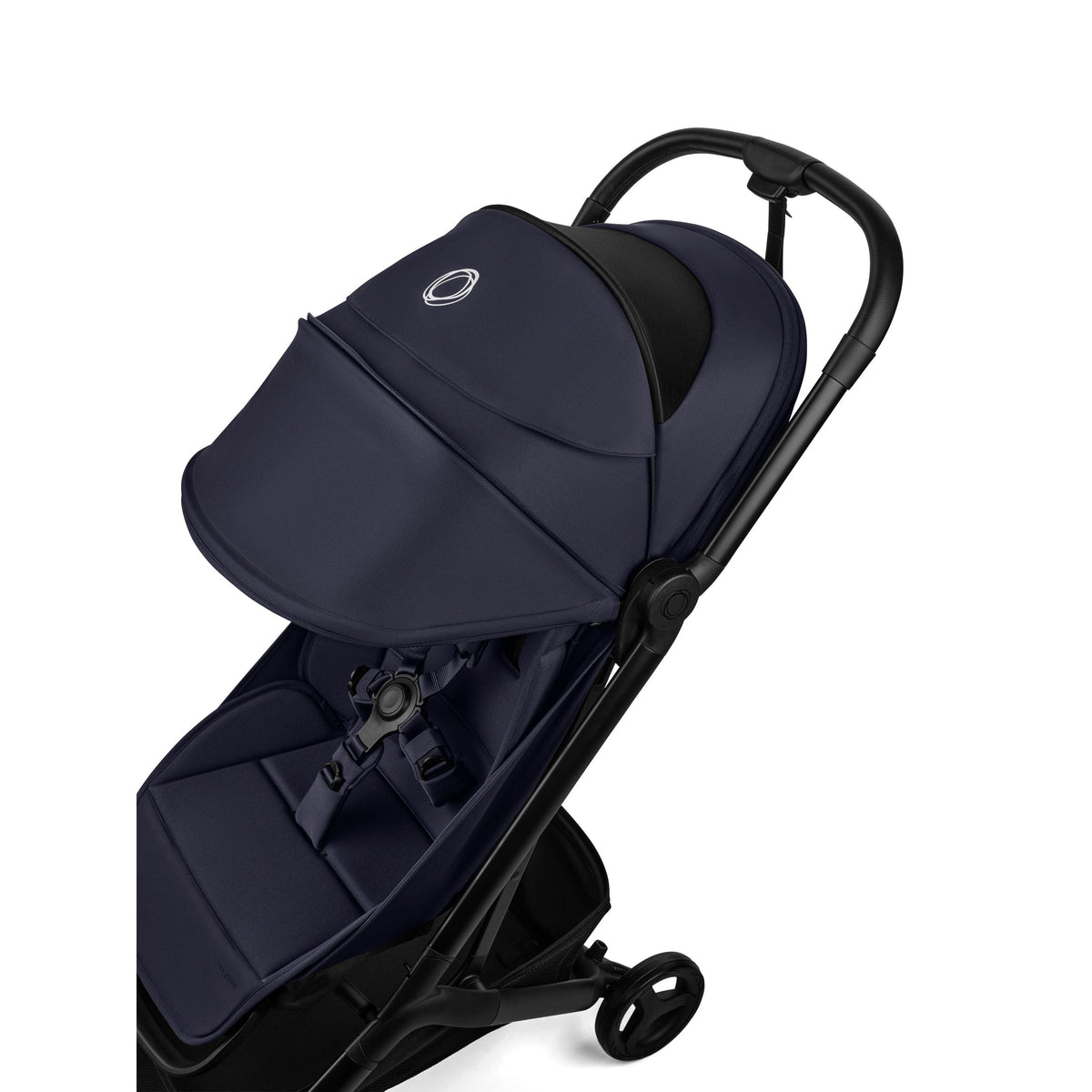 Navy blue stroller with black accents on a white background