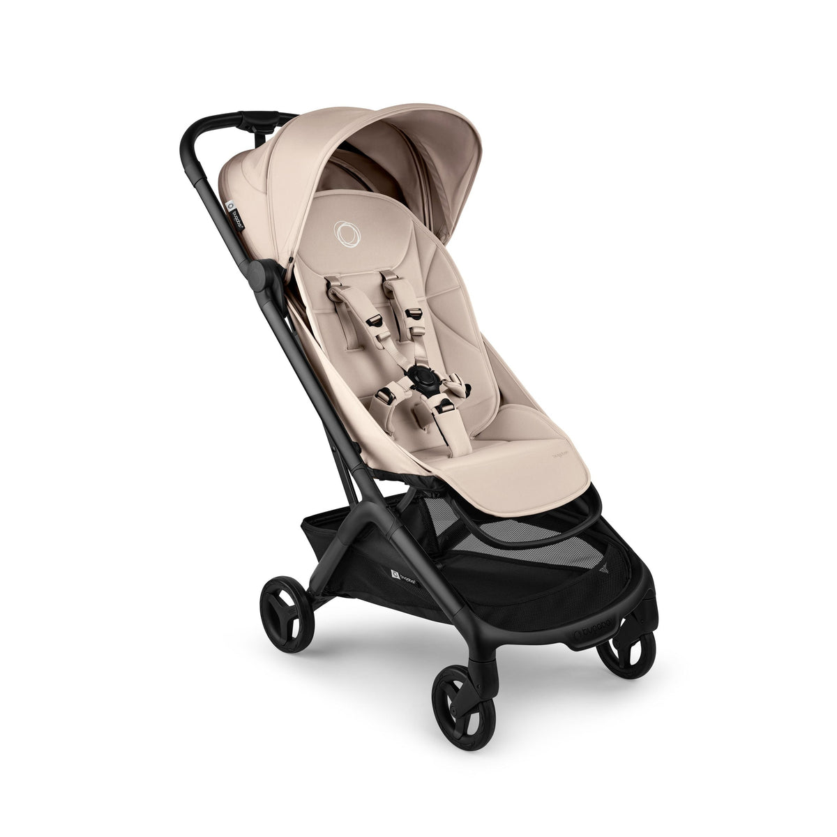 Beige baby stroller with black frame on a white background