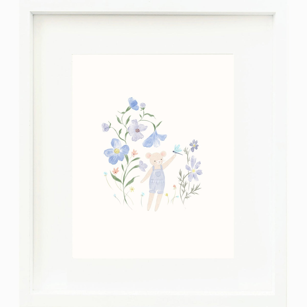Framed artwork of a bear surrounded by blue flowers on a white background