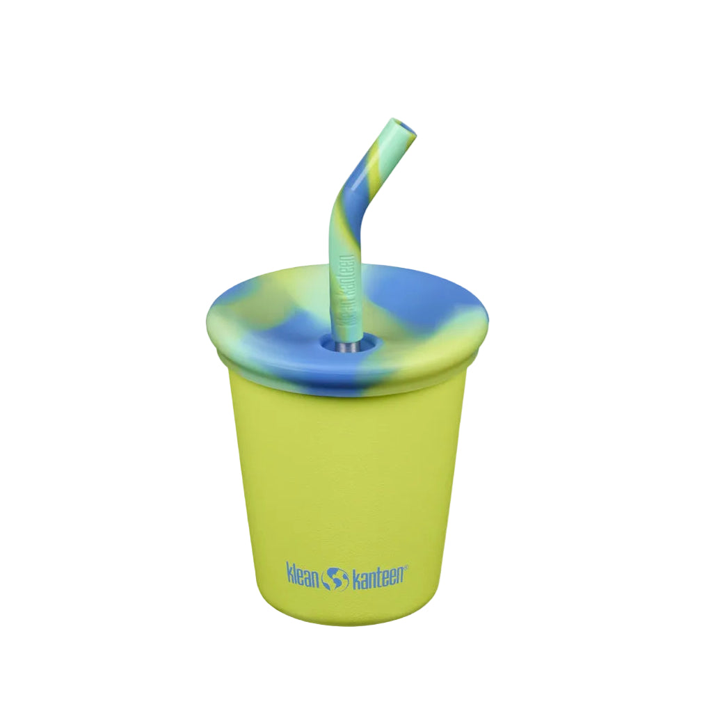 Green tumbler with a colorful straw on a white background