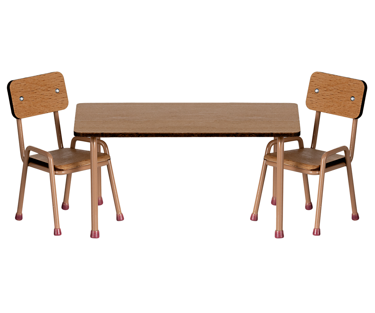 Wooden table and chairs set on a white background