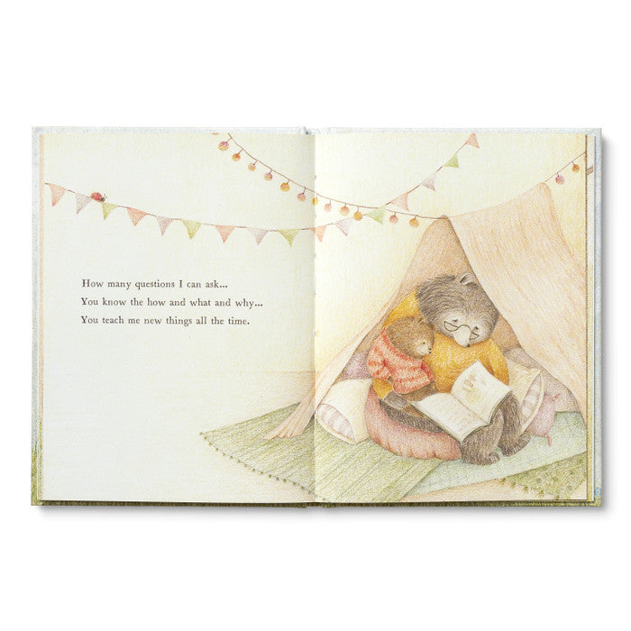 Illustrated book open to a page with two teddy bears in a tent, reading a book.