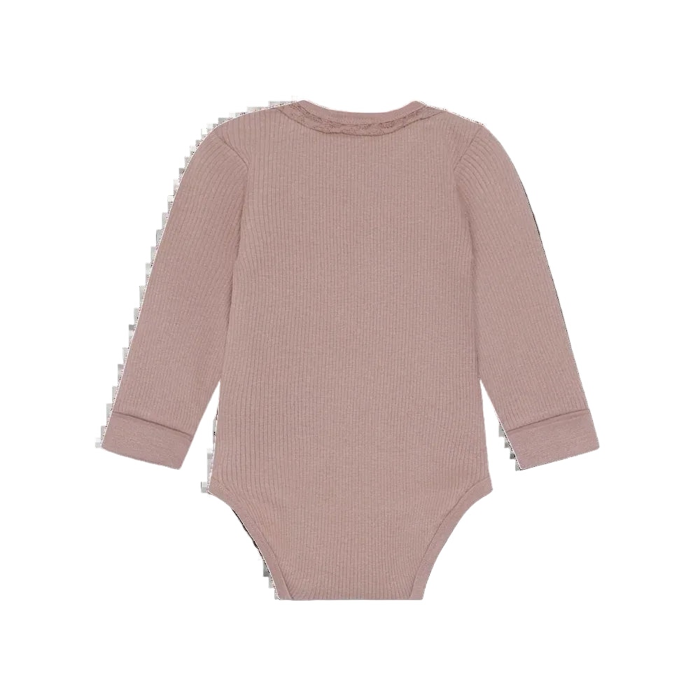 A long-sleeve ribbed bodysuit in a dusty rose pink color, shown from the back on a clean white background.