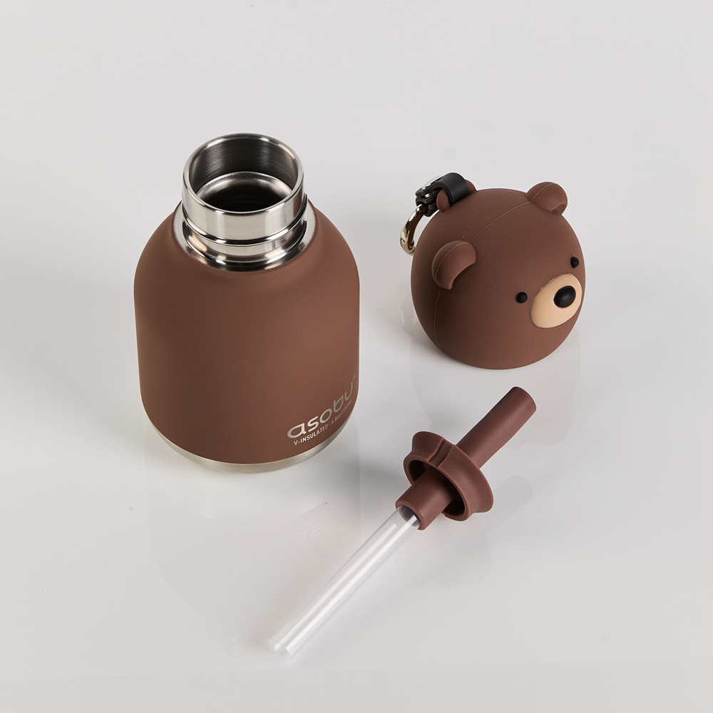 Brown water bottle with bear-shaped cap and straw on a light gray background