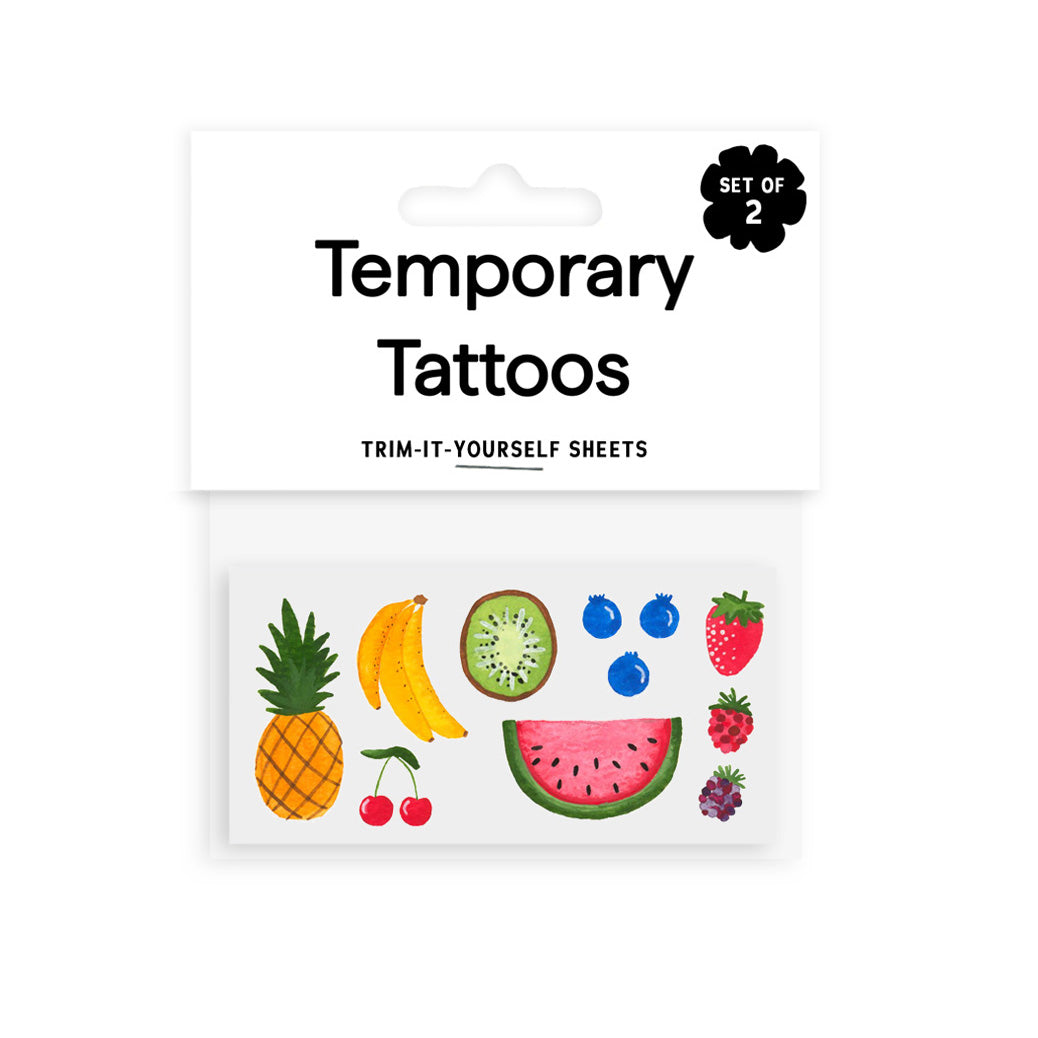 Pack of temporary tattoos with fruit designs on a white background