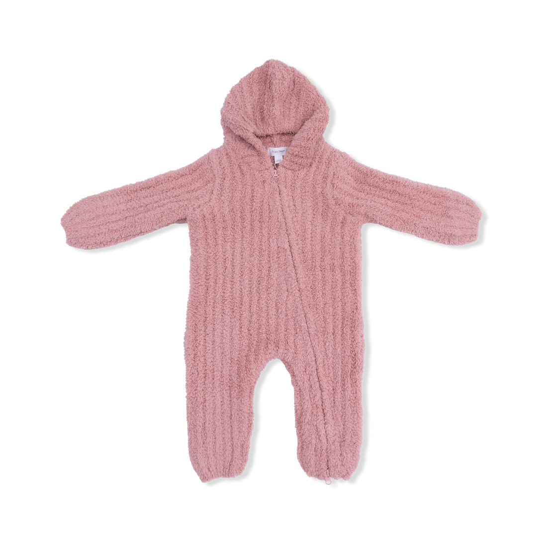 Pink knitted baby romper with a hood on a white background