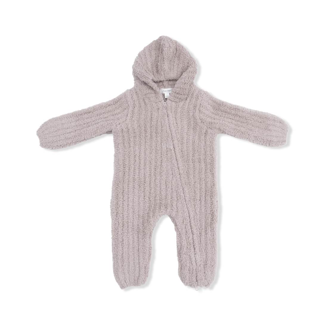 Knitted baby romper with a hood on a white background