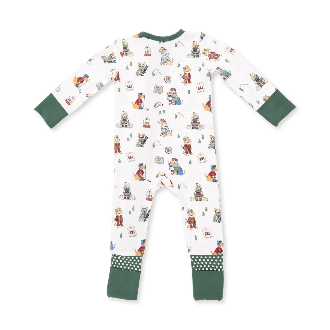 A baby long-sleeve footed sleeper in white with a colorful winter-themed teddy bear print, featuring dark green cuffs and leg bands.