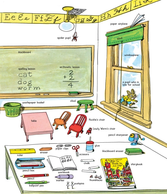 Illustration of a classroom with educational elements and furniture.