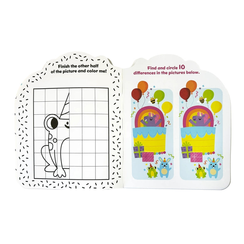 A children's activity book spread showing two pages with printed illustrations and simple instructions. The left page has a black-and-white grid and outline activity, and the right page shows colorful cartoon animals, balloons, gifts, and a cake with text reading 'Find and circle 10 differences in the pictures below.