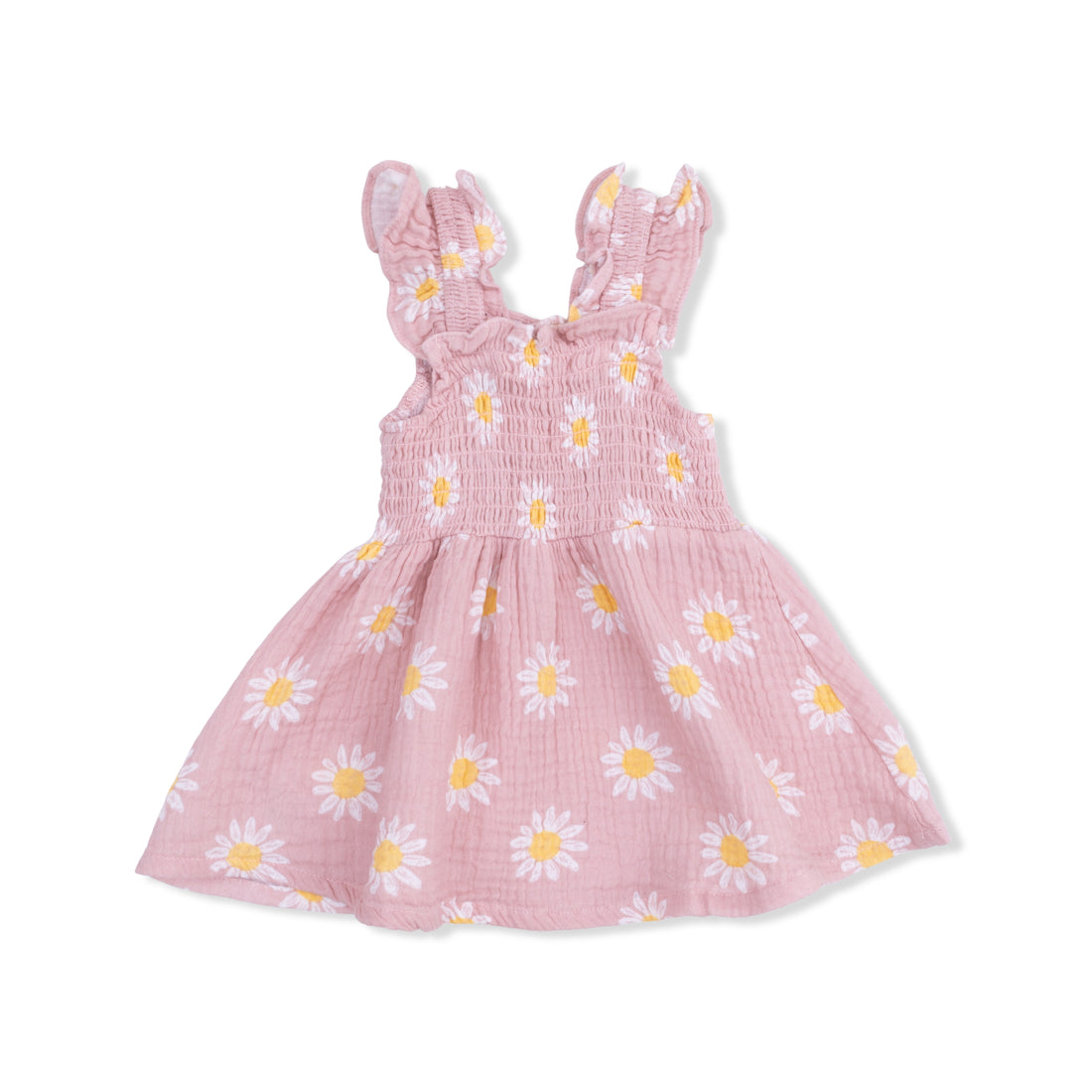 Pink dress with daisy pattern on a white background