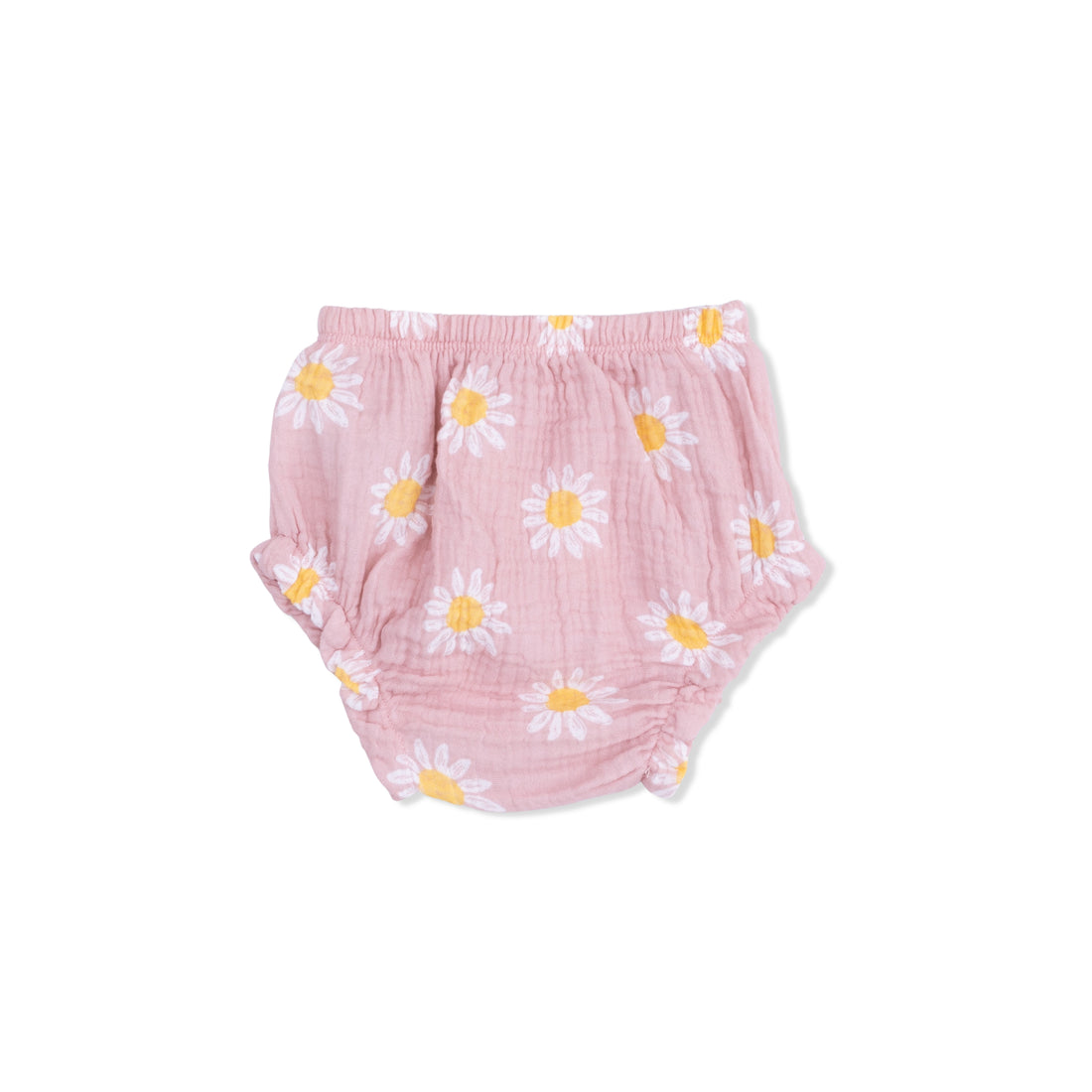 Pink baby bloomers with daisy pattern on a white background