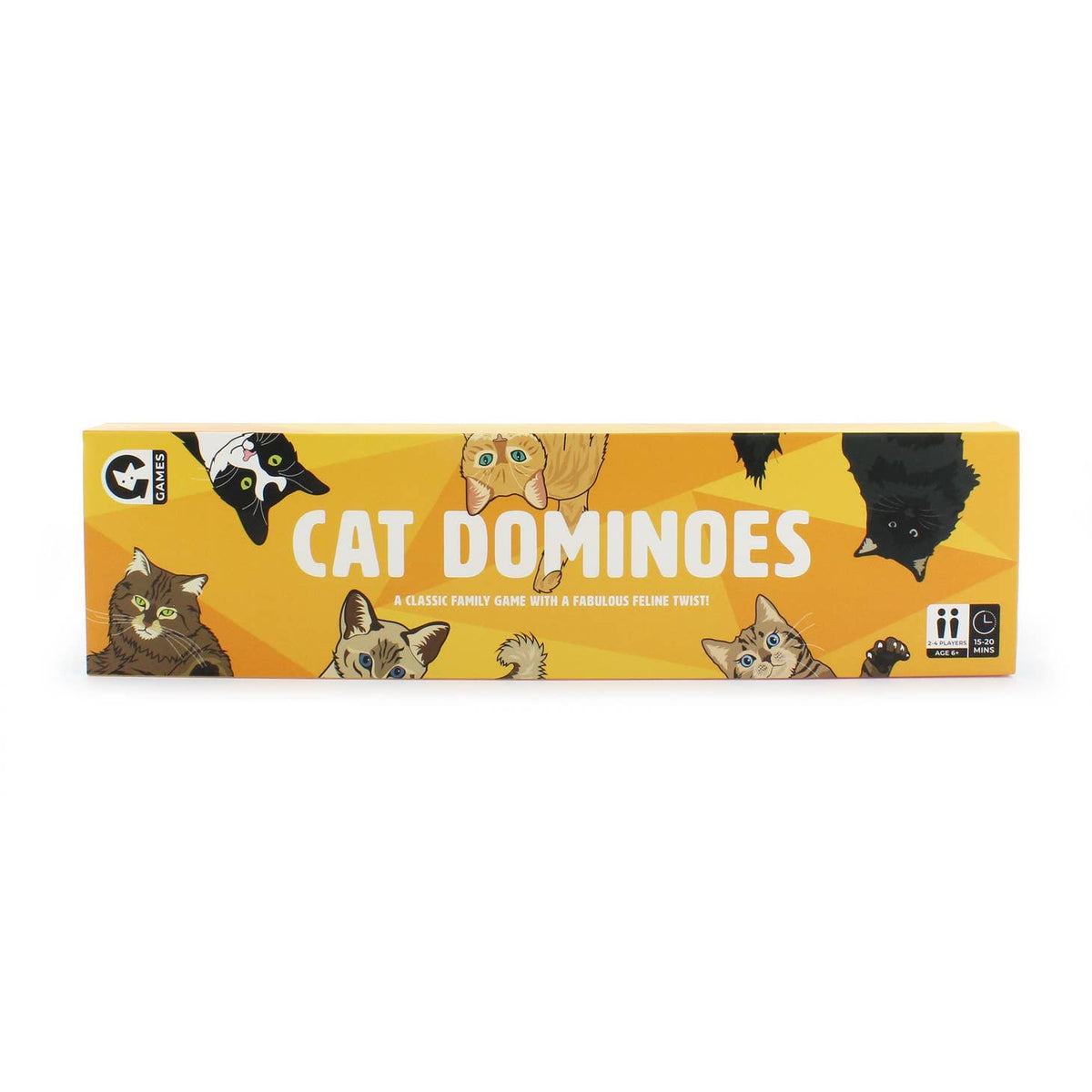 Box of Cat Dominoes game with cat illustrations on a yellow background