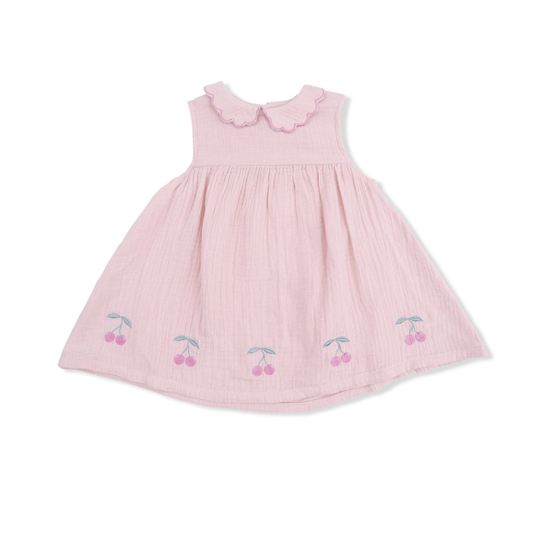 Pink dress with cherry embroidery on a white background