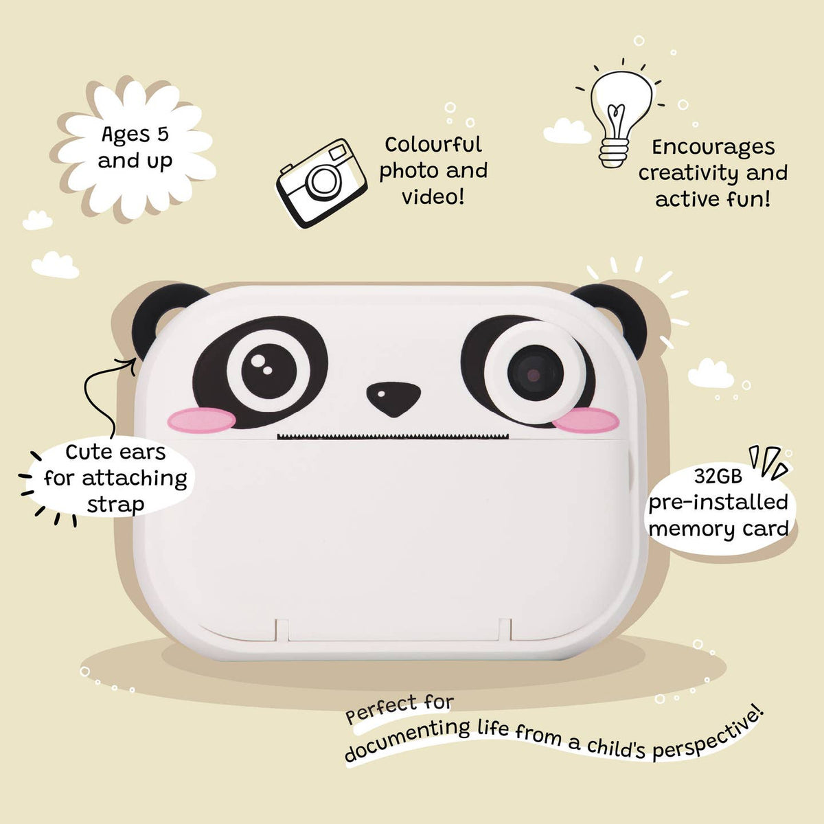 Panda-shaped device with features listed on a beige background
