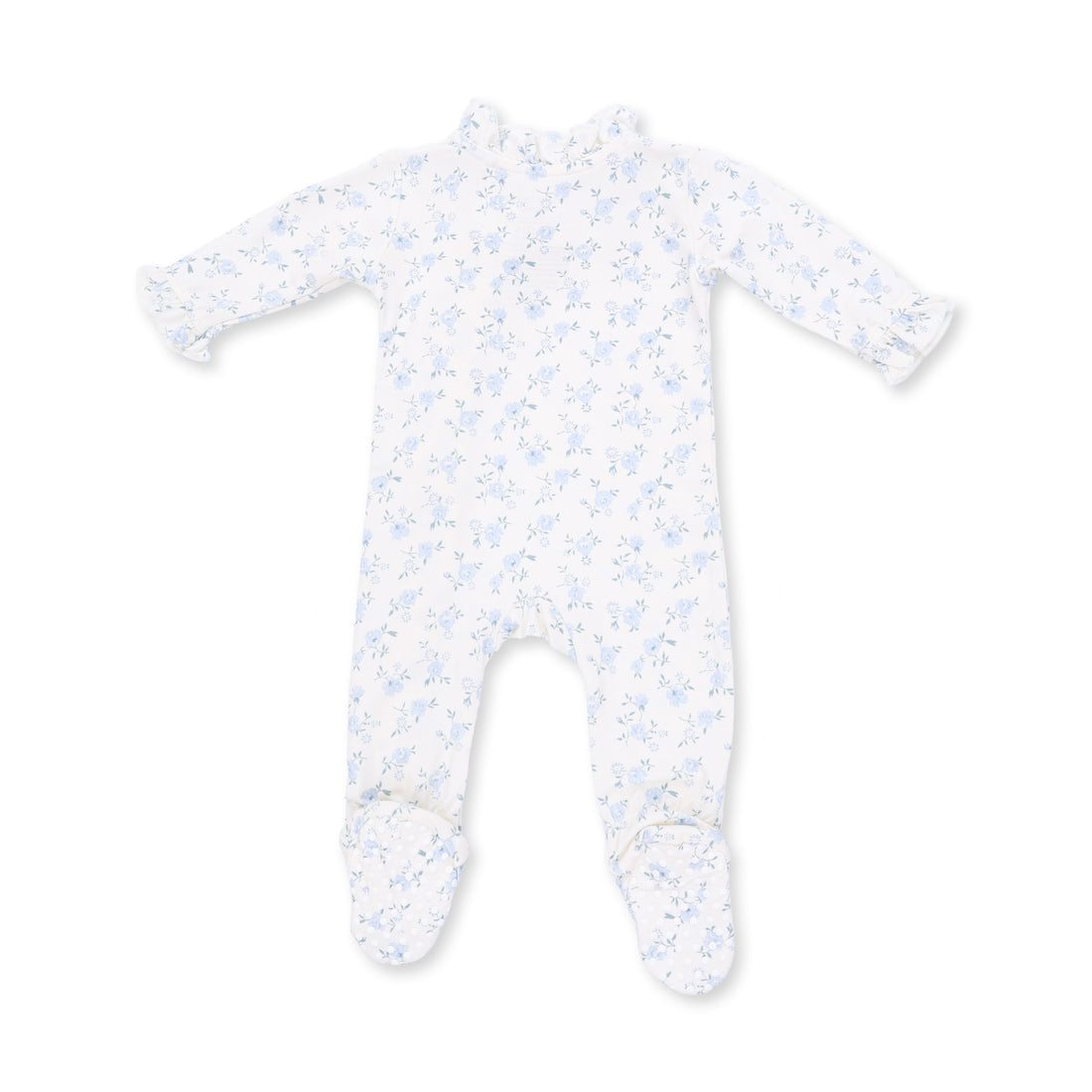 A baby footed sleeper in white with a delicate light blue floral pattern, shown flat on a white background.