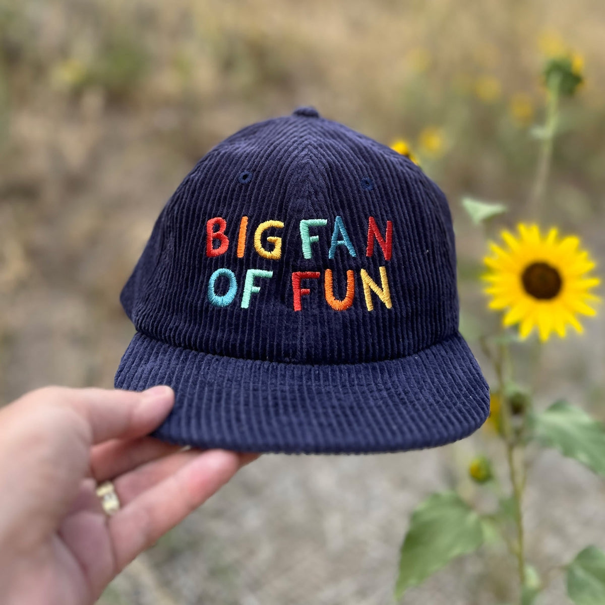 Navy blue cap with colorful text 'BIG FAN OF FUN' held in front of sunflowers.