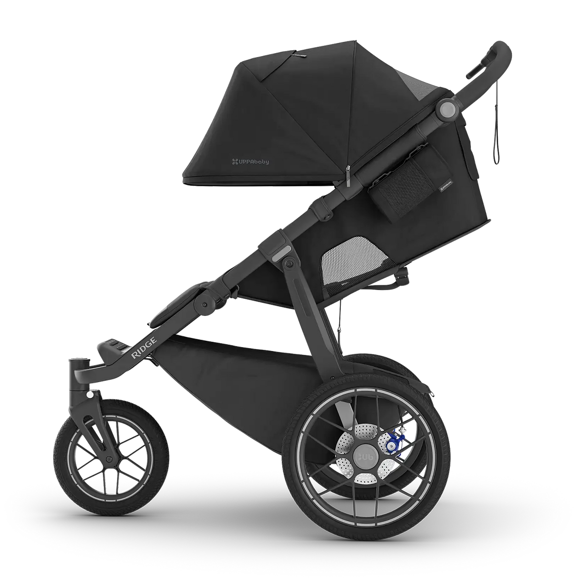 Black stroller with a visible brand logo on a white background