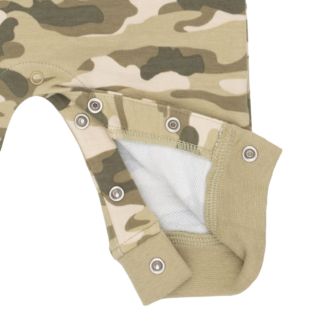 Close-up of a baby garment with a beige, green, and brown camouflage pattern, featuring metal snap closures and a white inner lining.