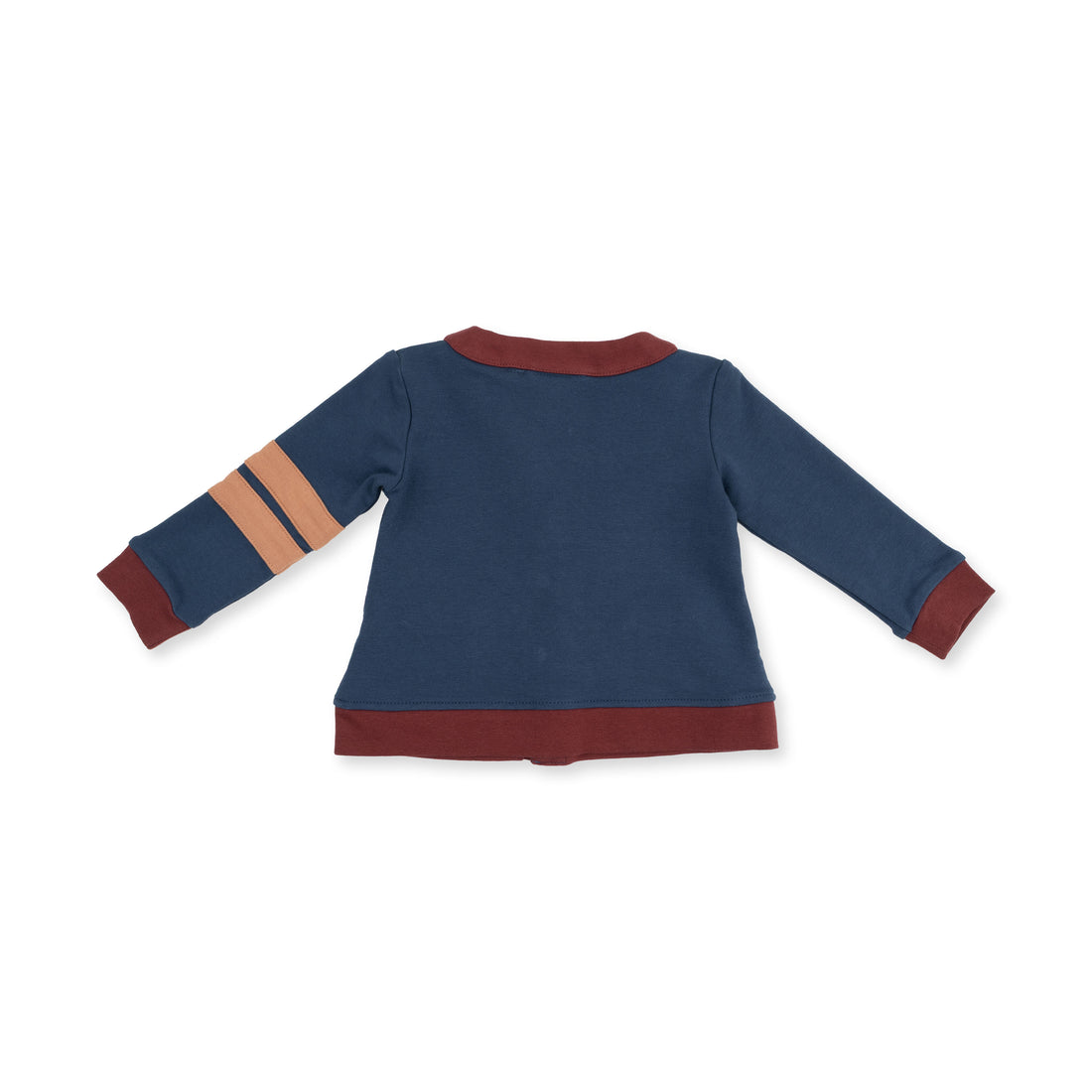 A navy blue long-sleeve top shown from the back, featuring a contrasting maroon collar, hem, and cuffs, with two tan stripes on one sleeve.