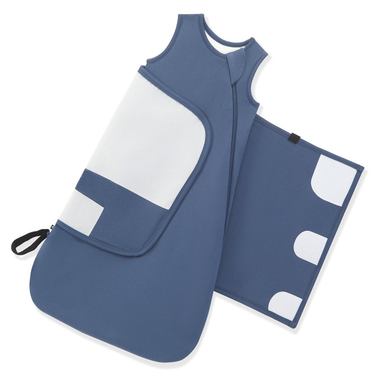 A blue and white baby sleep bag shown on a clean white background, with the front view on the left and the interior pocket view on the right.