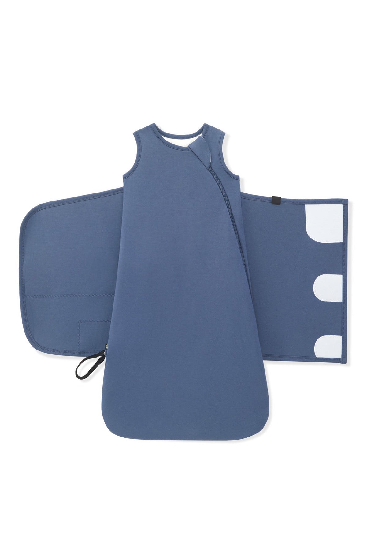 A baby sleep sack in slate blue, shown flat-laid with its matching zippered outer cover and hood visible behind it on a clean white background.