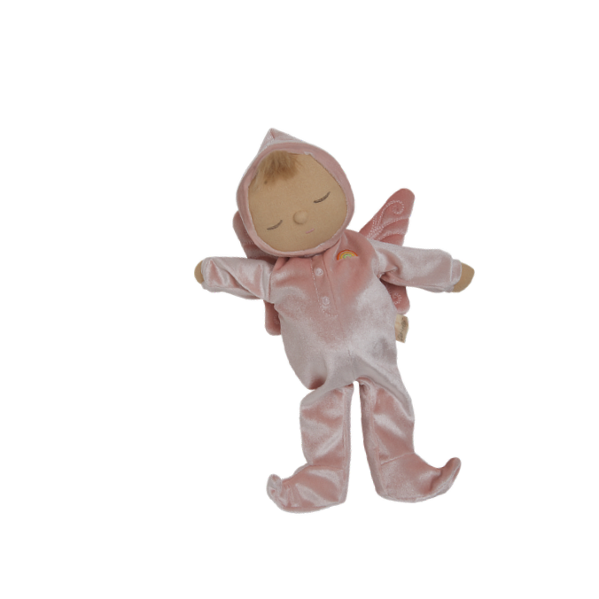 Baby doll in pink outfit with white patterns on a white background